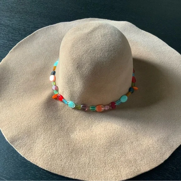 Catherine Malandrino Tan Hat with Colorful Beaded Band - Picture 3 of 5